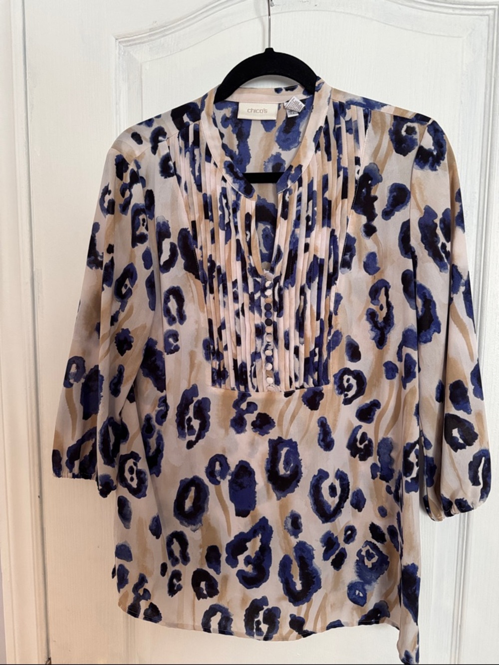 Chico's Blue and Cream Leopard-Print Pintuck Blouse